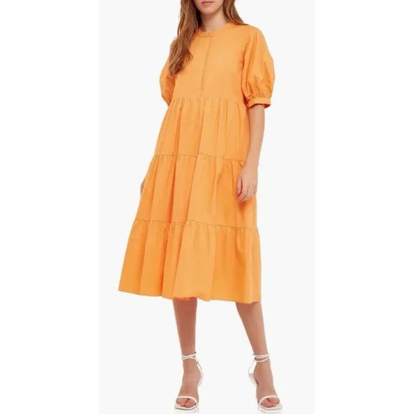 English Factory | Dresses | English Factory Orange Puff Sleeve Tiered Midi  Dress | Poshmark